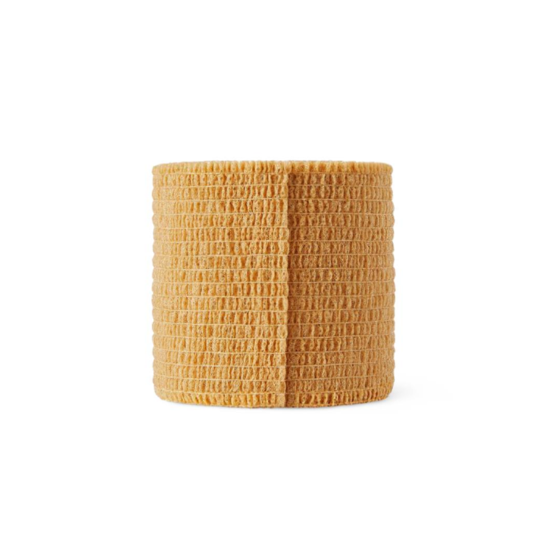 A roll of Medline Sterile Self-Adherent Latex Wrap, tan and textured, stands upright on a white background.